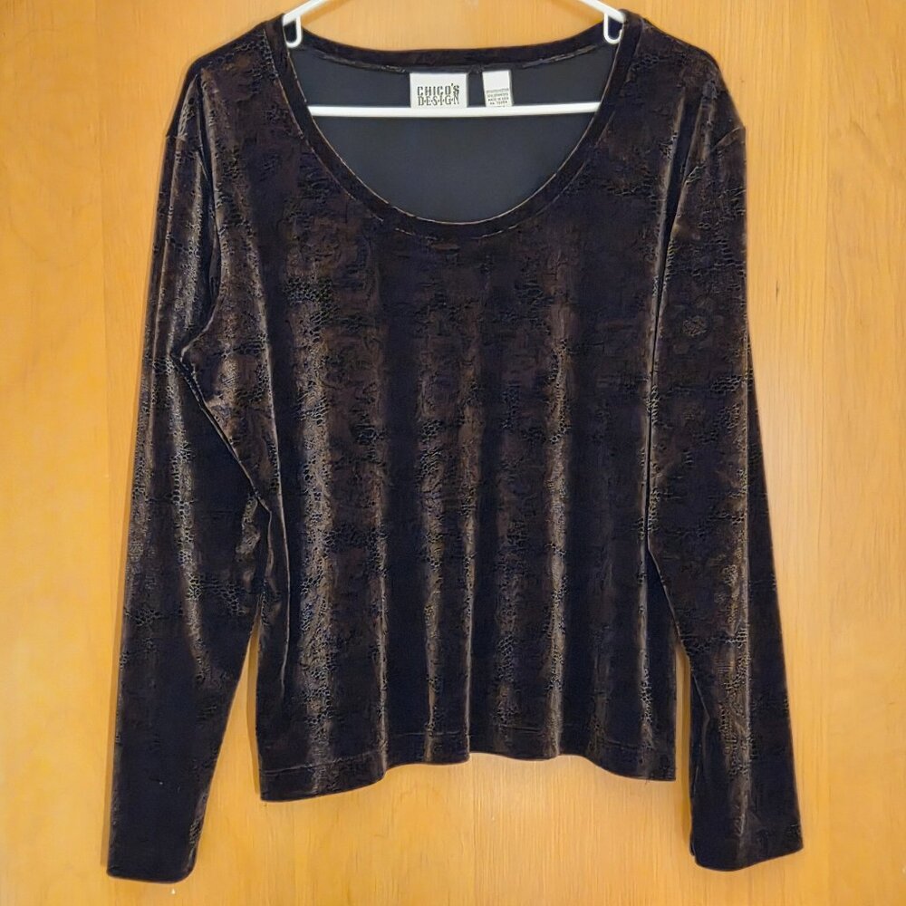 Vtg Chico's Velvet Pullover Top Women L Size 2 Chocolate Brown Snakeskin Y2K 90s